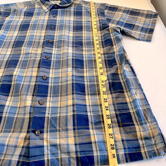LL Bean Plaid Button Down Shirt Size Large TALL Short Sleeve Dusty Blue Tan - Picture 5 of 8